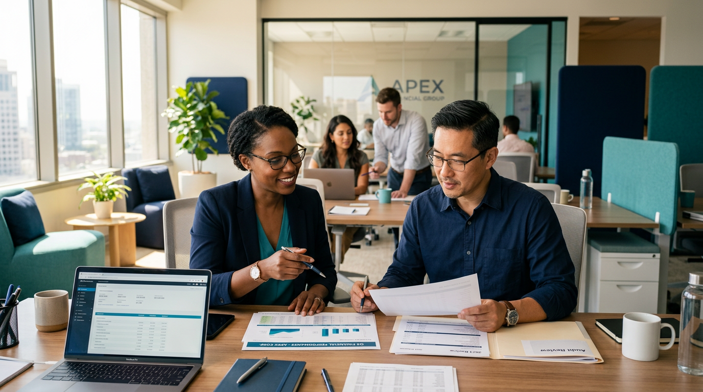 Professional accounting team reviewing financial documents in a modern office